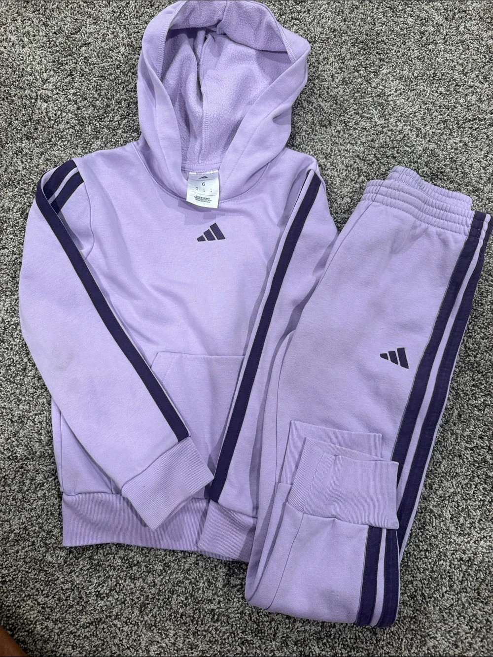 Adidas Girls Lavender Hoodie & Joggers Set with Dark Purple Stripes